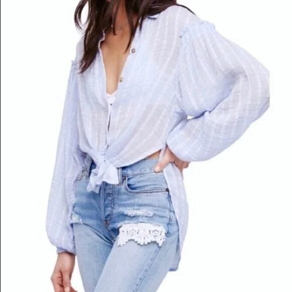 Free People Blue White Stripe Headed to the Highlands Button Up Top Size Medium - Picture 3 of 8